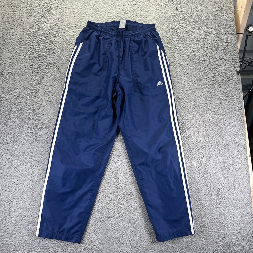Vintage Adidas Pant Mens M Blue Polyester Track Tapered Leg Mesh Lined 3 Stripes